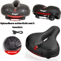 IBright Gel Fietszadel Met LED Oplaadbare Achterlicht - USB Oplaadbaar - Fietsverlichting Met 6 Functie's - Dames / Heren - Waterdicht - Gratis Zadelstrop - USB Oplaadkabel - Zwart -Fietsenreeksen Winkel 1198x1200 21