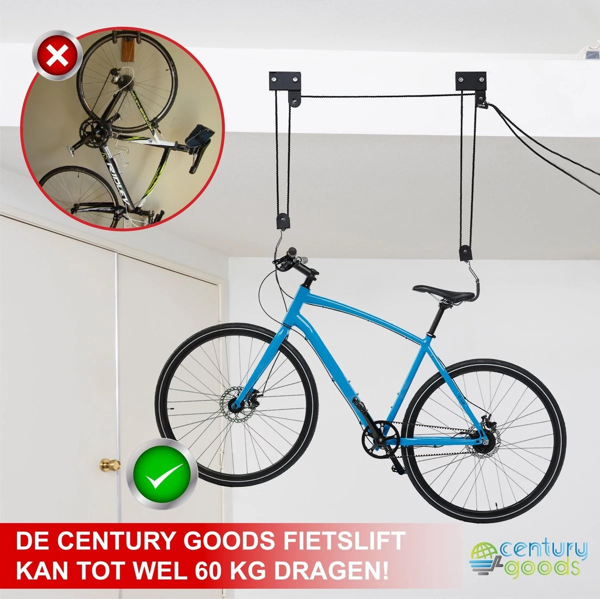 Century Goods Fietslift - Fietstakel - Fiets Ophangsysteem - Met Valbeveiliging | 60 Kg Draagkracht 4 Century Goods Fietslift - Fietstakel - Fiets Ophangsysteem - Met Valbeveiliging | 60 Kg Draagkracht - Afbeelding 3